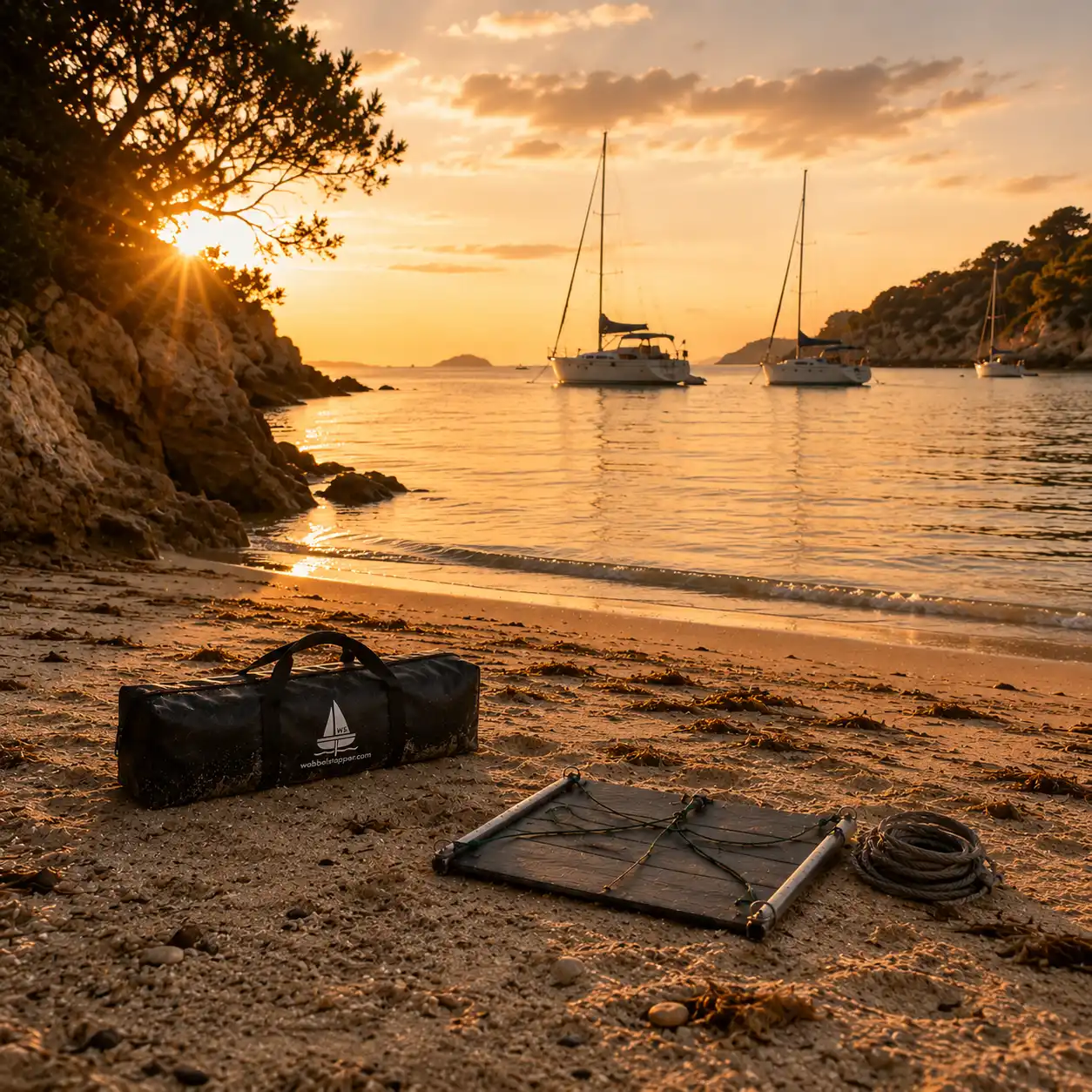 Wobbelstopper Tasche und Zubehör liegen am Sandstrand bei Sonnenuntergang mit Segelbooten im ruhigen Wasser vor Anker