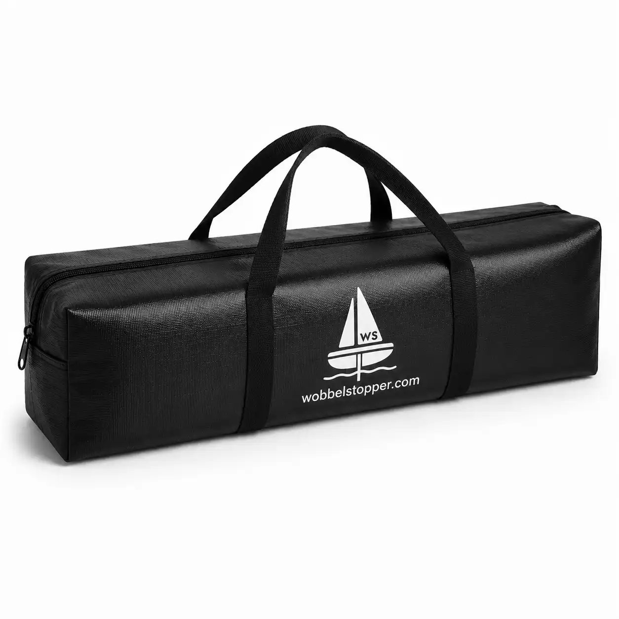 wobbel tasche mit logo und domain Schwarze Wobbelstopper-Tasche mit Segelboot-Logo und der Domain wobbelstopper.com auf weißem Hintergrund