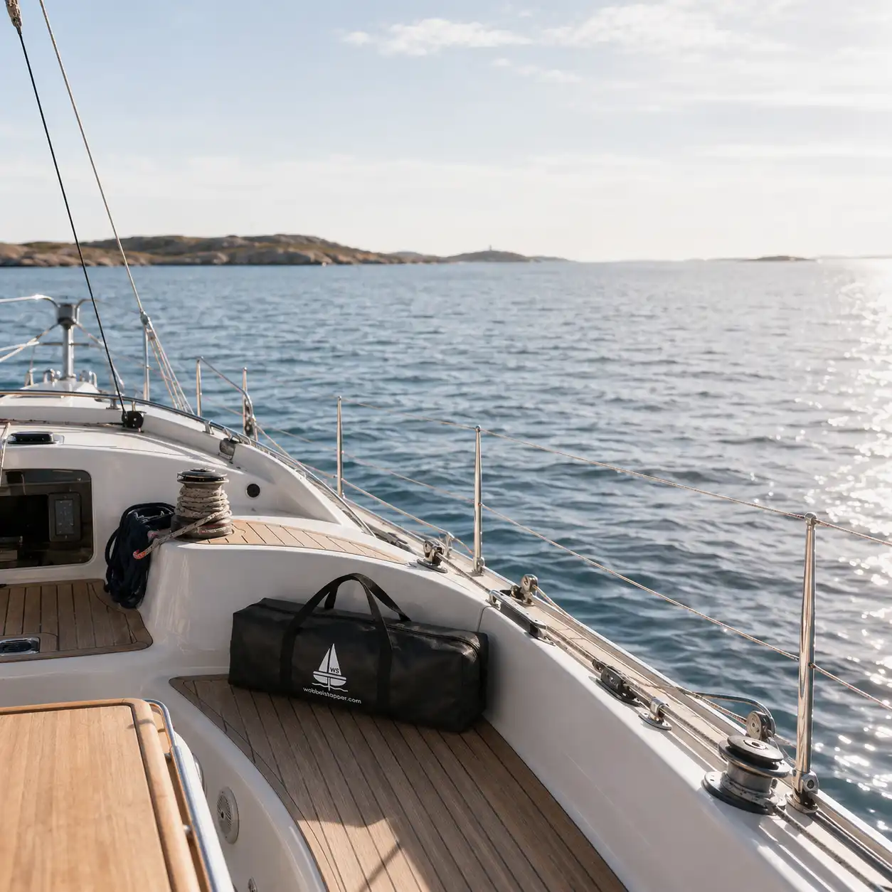 Wobbeltasche mit Logo auf dem Deck einer Segelyacht bei ruhigem Wasser und sonnigem Himmel am Meer