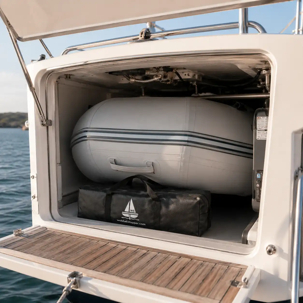 Schaukelbremse Wobbelstopper Tasche in Dingi-Garage eines Boots mit aufgeblasenem Schlauchboot im Wasserhintergrund