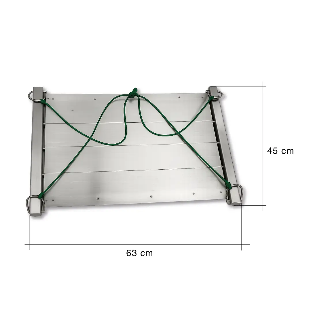 Rechteckige Edelstahl-Schaukelbremse mit grünen Seilen und den Maßen 63 cm x 45 cm für Boot oder Yacht